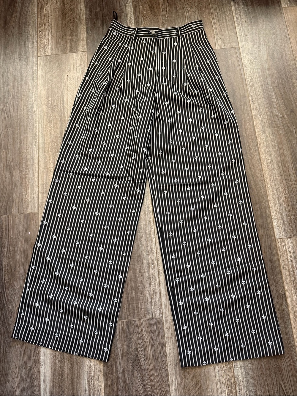 CHANEL Black and White Pinstripe Wide-Leg Pants